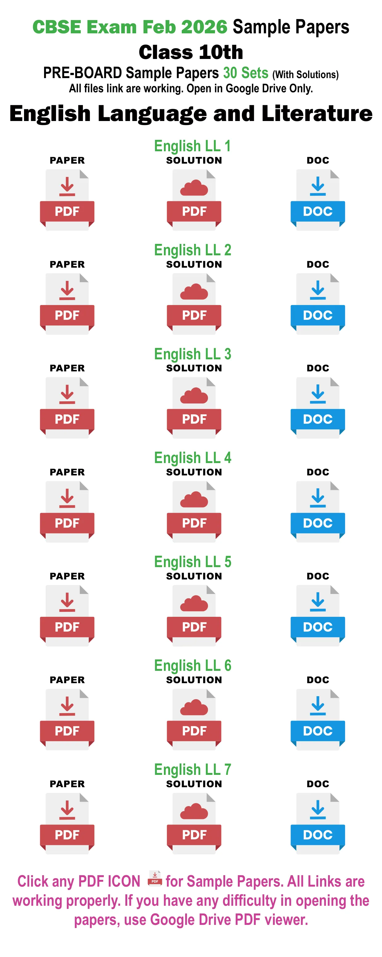 CBSE Exam Feb 2026 Sample Papers Class 10th PRE-BOARD Sample Papers 30 Sets (With Solutions) All files link are working. Open in Google Drive Only. English Language and Literature English LL 1 Paper Solution doc English LL 2 Paper Solution doc English LL 3 Paper Solution doc English LL 4 Paper…