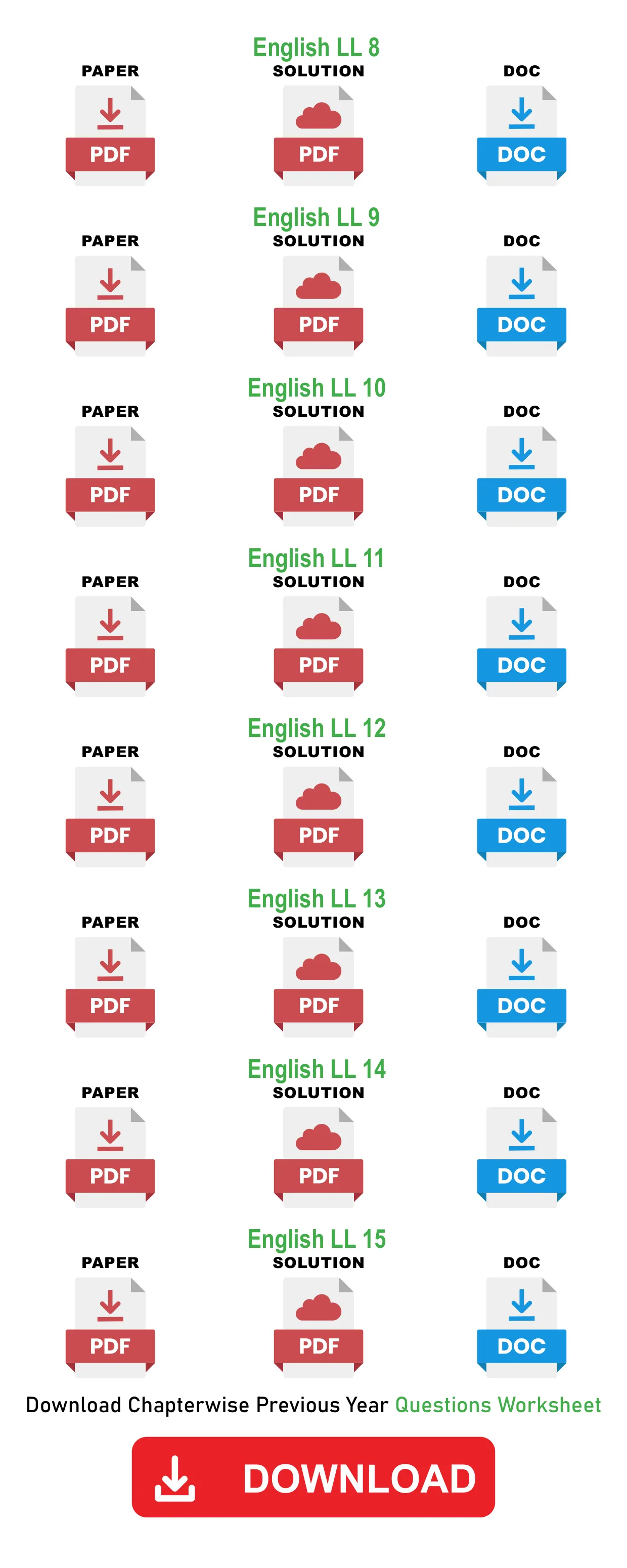 English LL 8 Paper Solution doc English LL 9 Paper Solution doc English LL 10 Paper Solution doc English LL 11 Paper Solution doc English LL 12 Paper Solution doc English LL 13 Paper Solution doc English LL 14 Paper Solution doc English LL 15 Paper Solution doc Download Chapterwise Previous Year…
